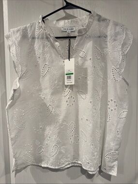 Alex & Jordan White Eyelet Paisley Embroidered Ruffle Blouse L NWT
